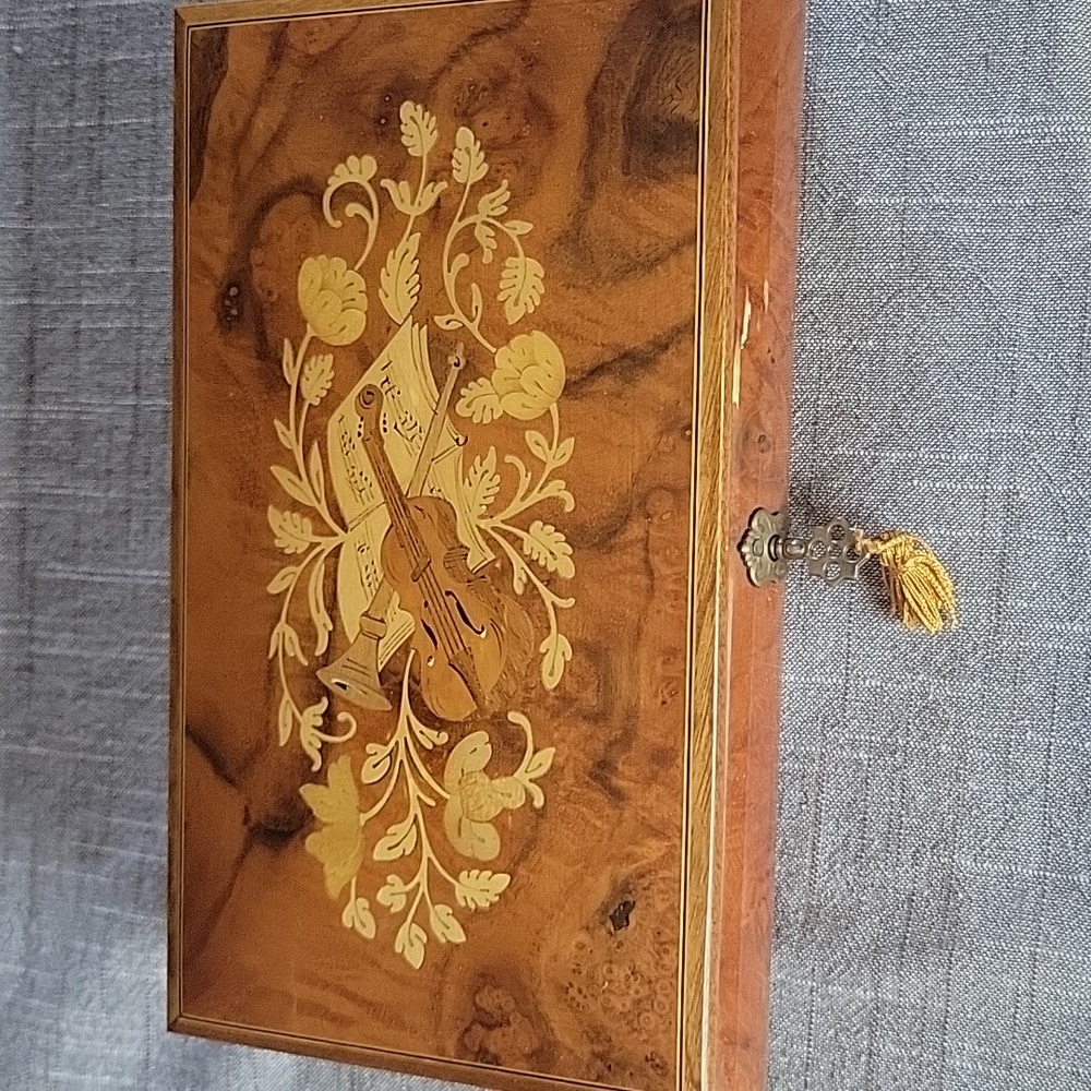 Vintage Italian Wooden Music Box with Gold Inlay